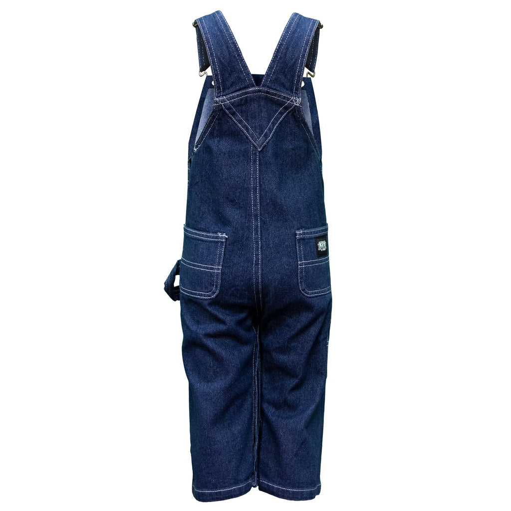 Back view of children's dungarees showing back pockets and key industries USA branding label.