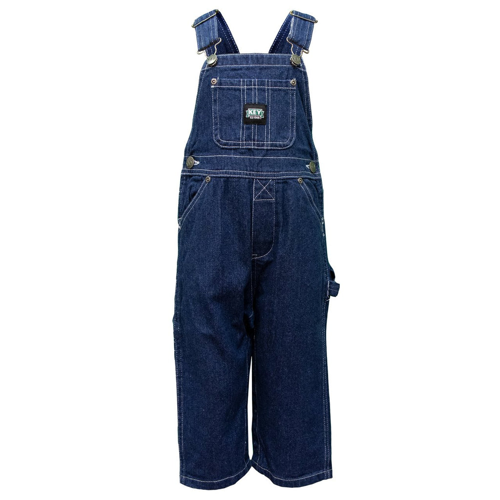 Front view of children's dungarees from key industries USA showing multiple pockets, zip fly. Adjustable straps and side button fastening.