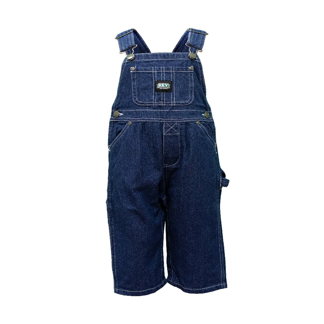 Front of infant & toddler dungarees from key industries USA showing multiple pockets, zip fly and side button fastening.