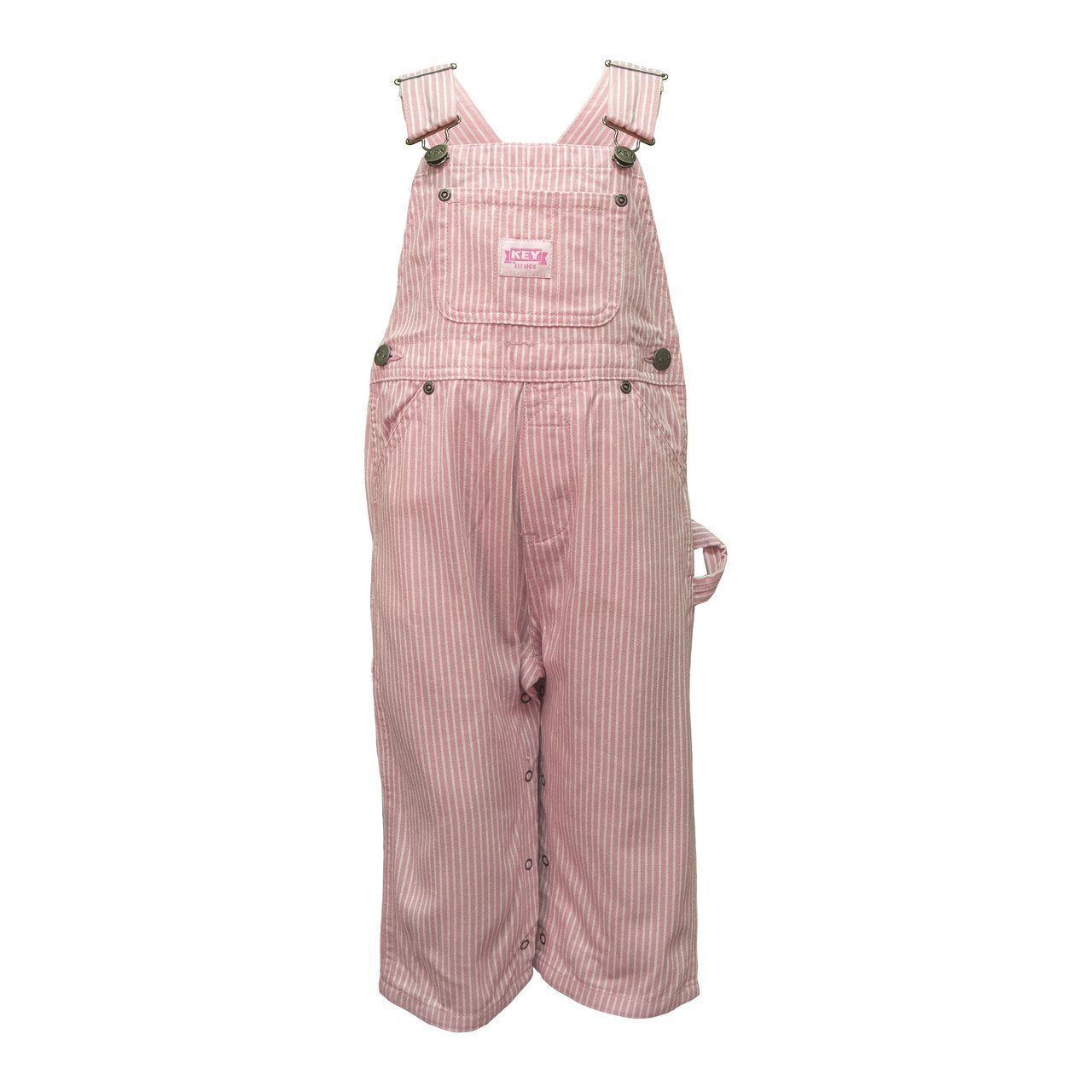 Front of infant, toddler and young girl's pink stripe dungarees from key industries USA showing multiple pockets, leg poppers, mock zip fly and side button fastening.