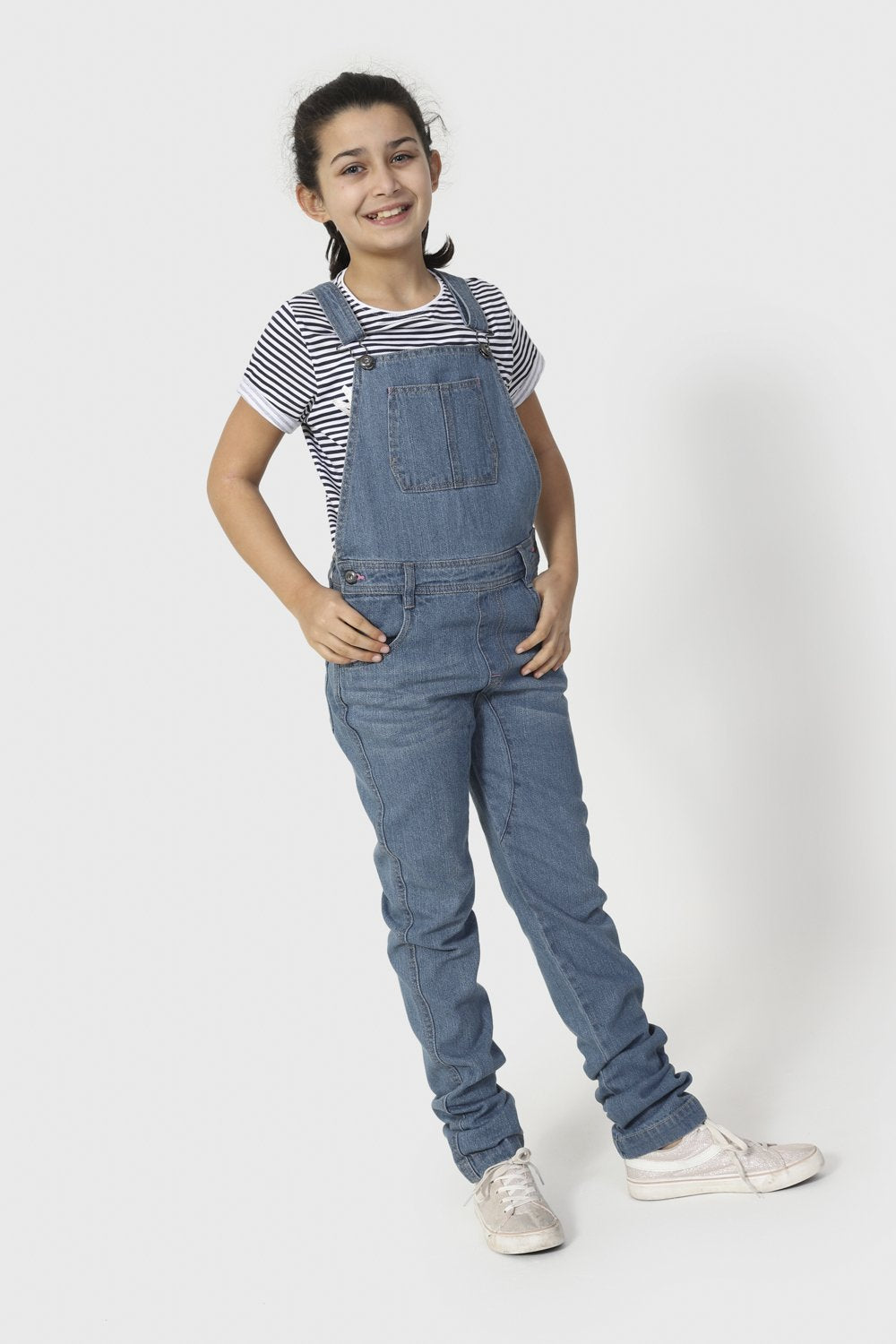 Full length, slightly angled front pose of palewash denim, active kids, dungarees.