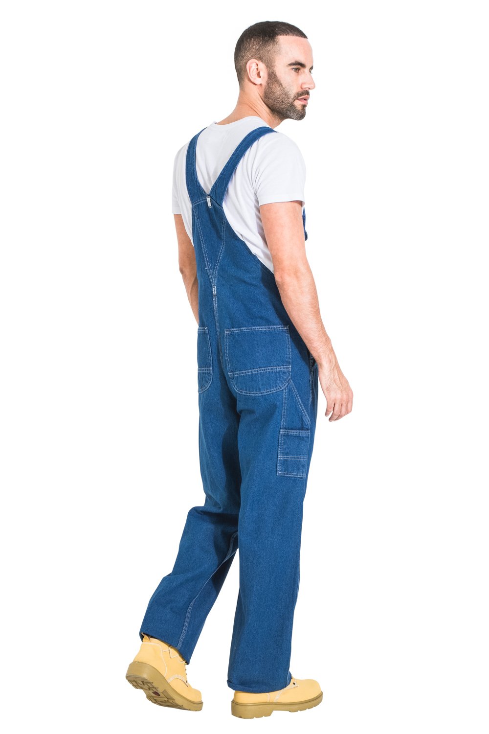 Full side view of stonewash ‘Key USA’ bib-overall, showing back cross straps, rear and thigh pockets.