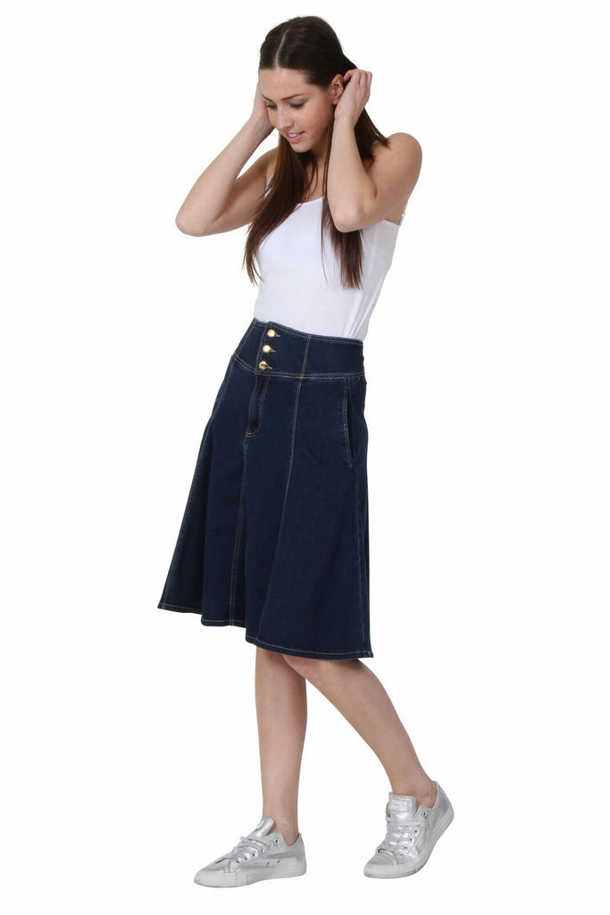 Full-length angled frontal view of midi, cotton mix, ‘Nessa’ style denim skirt.
