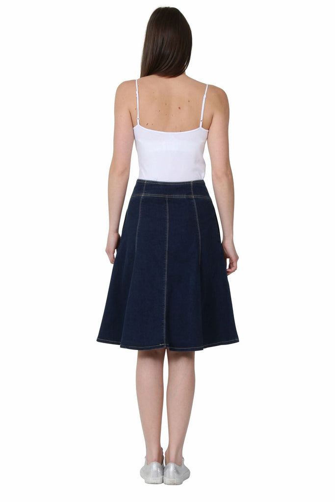 Full-length rear view of stylish, knee-length, dark-indigo denim skirt.