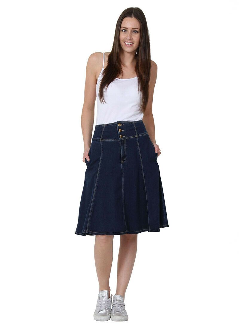 Full frontal view of mid-length ‘Nessa’ style denim skirt from Dungarees Online.