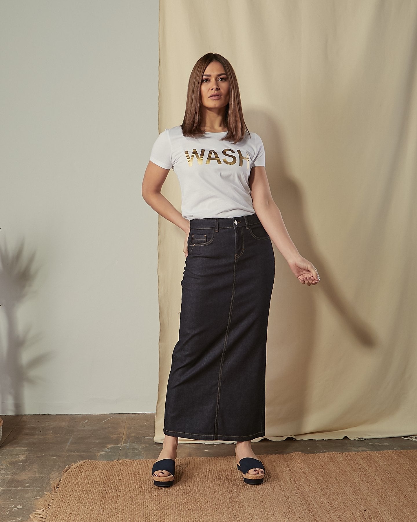 Long denim skirt pencil sale