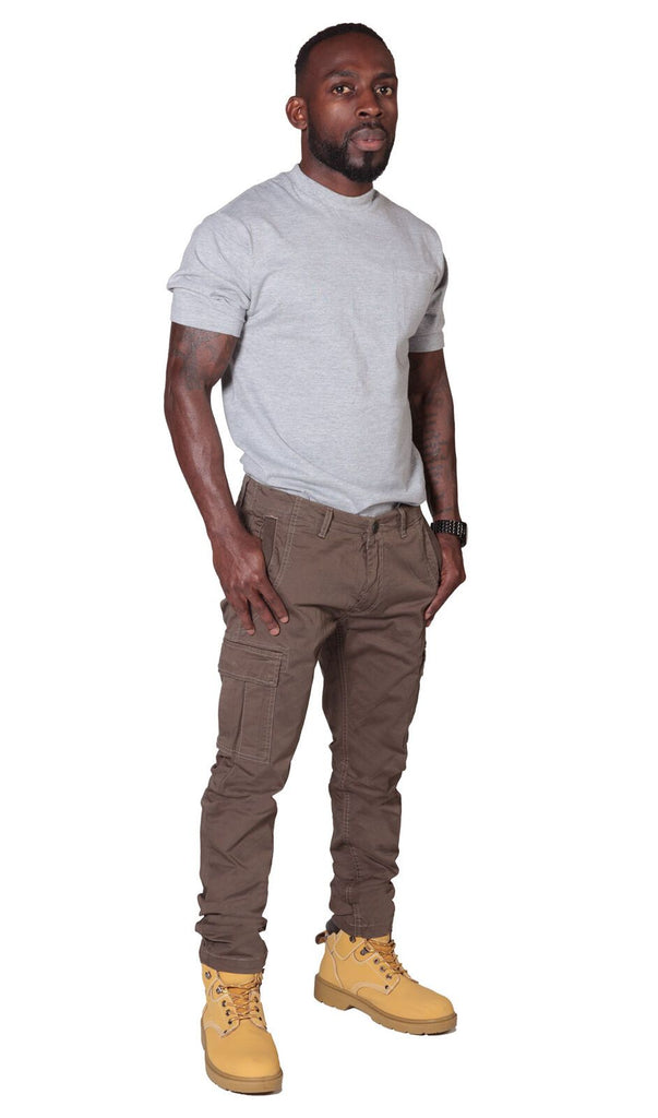 Full slightly angled front view of mid-brown slight-stretch cotton mix combat trousers with view of front cargo pockets.