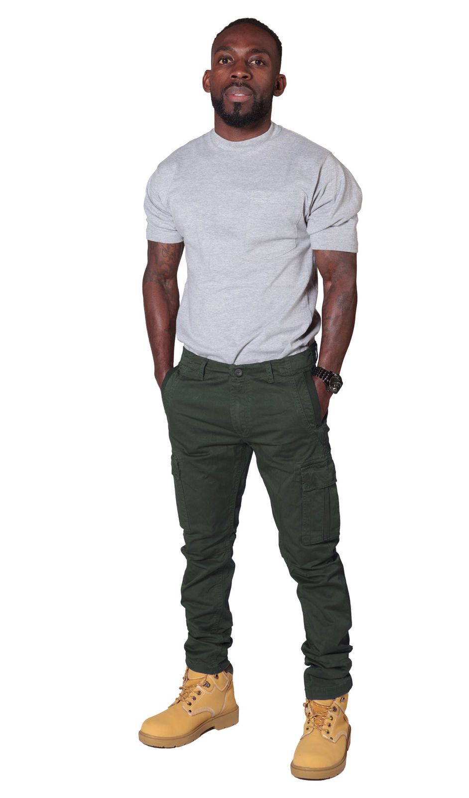 Full slightly angled front view of mid-khaki slight-stretch cotton mix combat trousers with view of front cargo pockets.