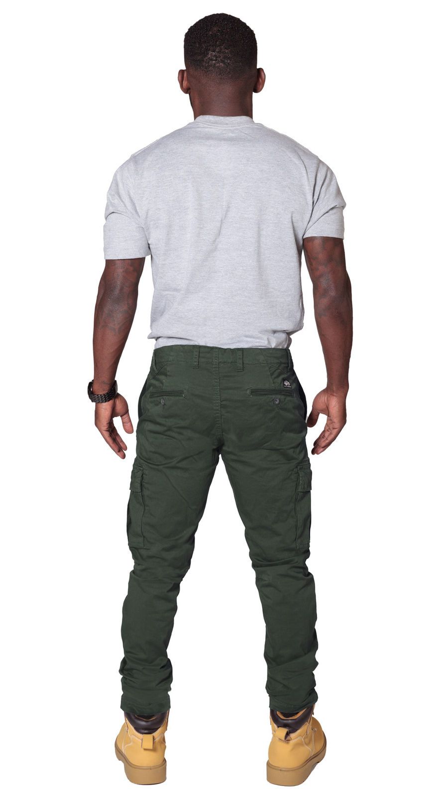Rear view of ‘Pete’ style, casual cotton mix cargo trousers in khaki-green with view of back pockets from Dungarees Online.