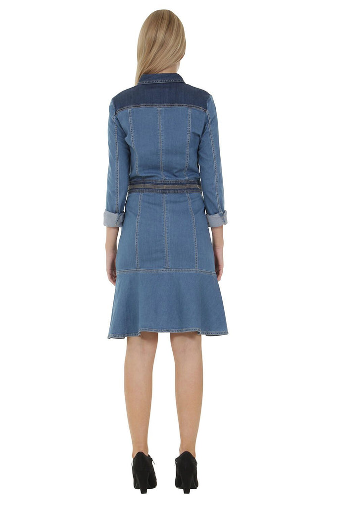 Back view of mid-blue denim, knee length midi dress with stretch.