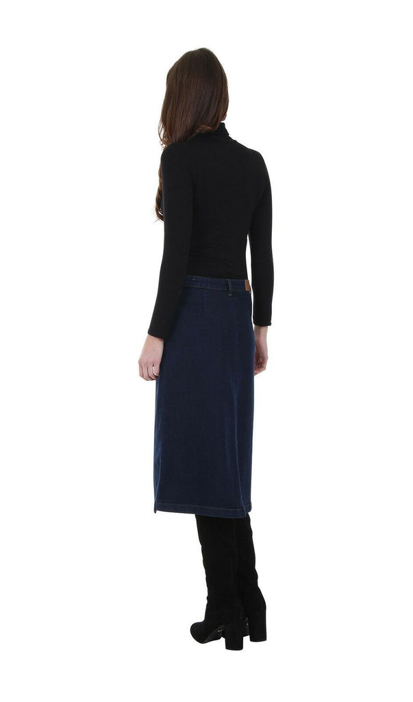 Slightly angled rear view of soft, medium weight, slightly stretchy denim skirt.