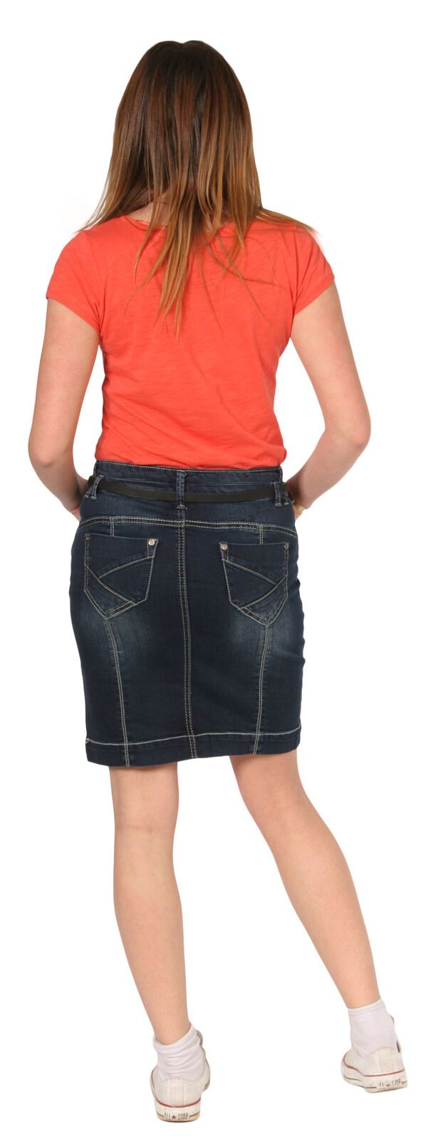 Full length back view of soft, medium weight, slightly stretchy denim skirt with view of rear pockets.