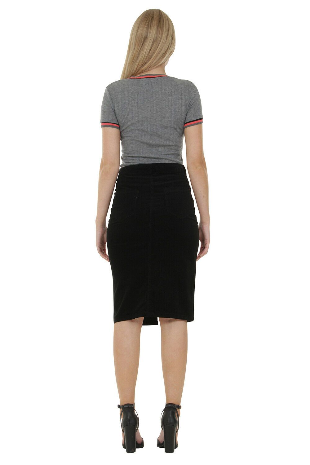 Rear view of ‘Lacey’ slightly stretchy corduroy midi-pencil skirt with rear split.