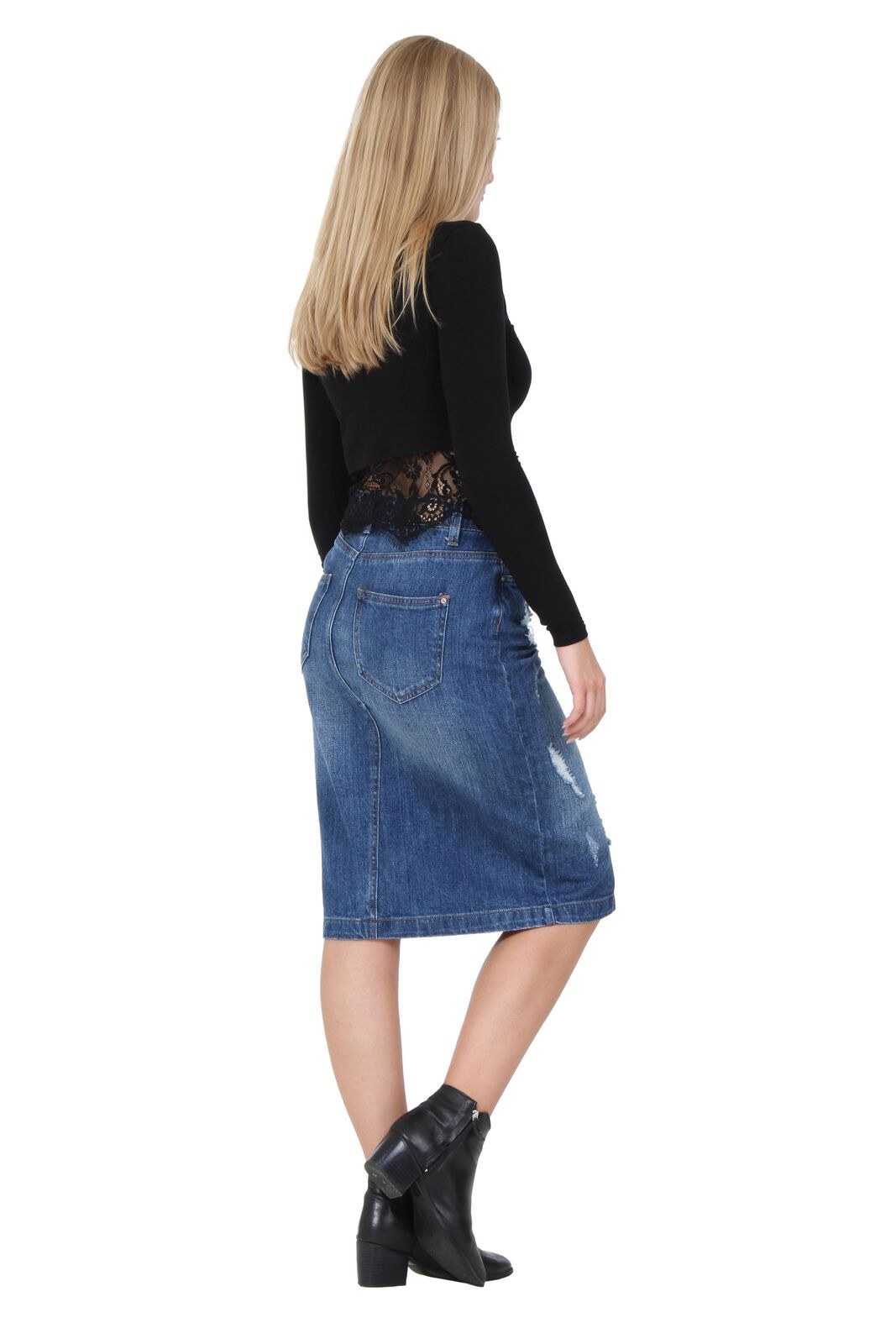 Full-length angled back view of destroyed stonewash denim skirt from Dungarees Online.