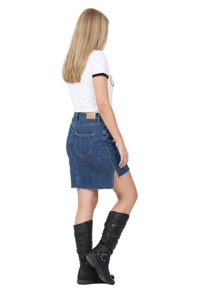 Angled back-side view wearing short denim skirt, clearly illustrating longer back and shorter front.
