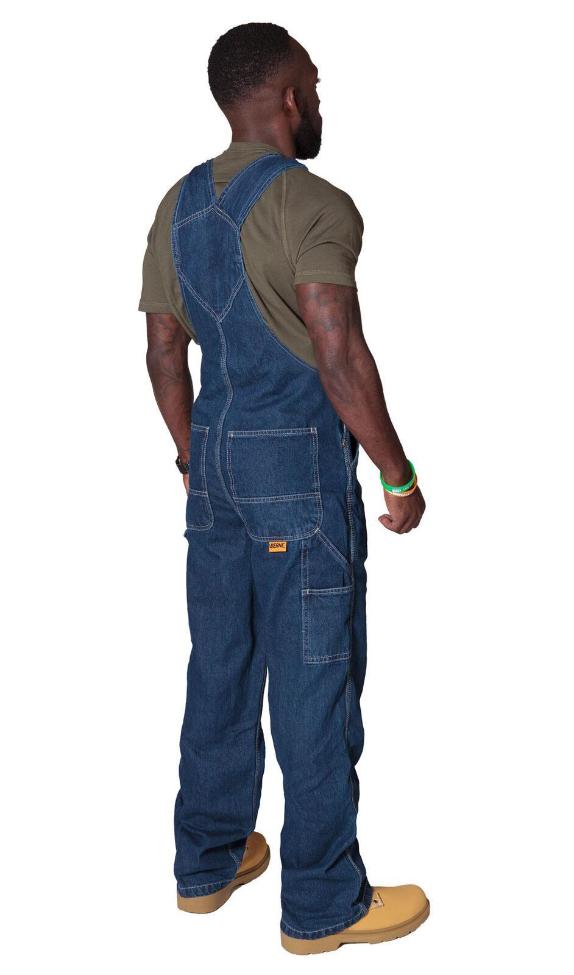 Rear pose wearing ‘Berne’ brand stonewash bib overalls from Dungarees Online.