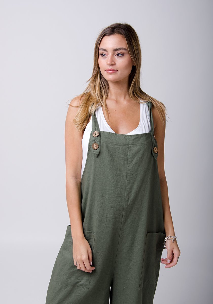 Stylish Ladies Green Linen Dungarees