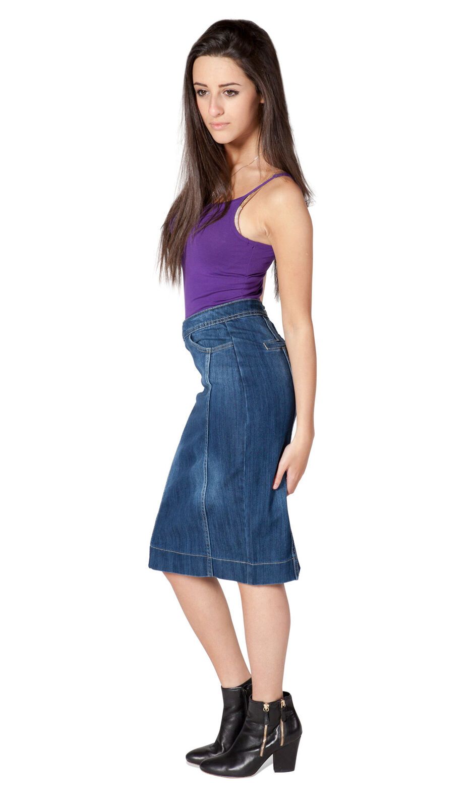 Side view of dark denim, cotton-polyester blend, button-front skirt with view of front and back buttons.