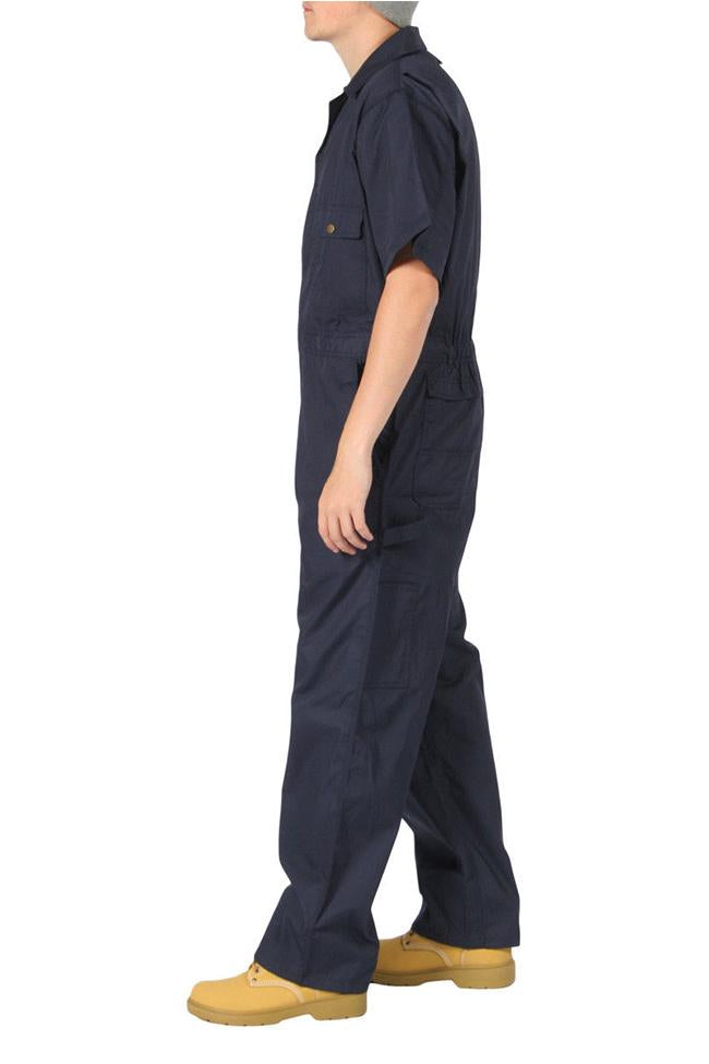 Full side view of navy blue ‘Key USA’ overalls, showing robust stitching and poplin fabric.