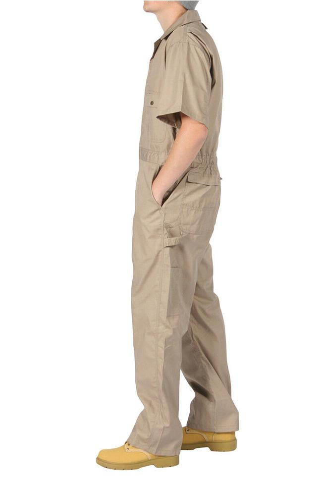 Full side view of khaki ‘Key USA’ overalls, showing robust stitching and poplin fabric.
