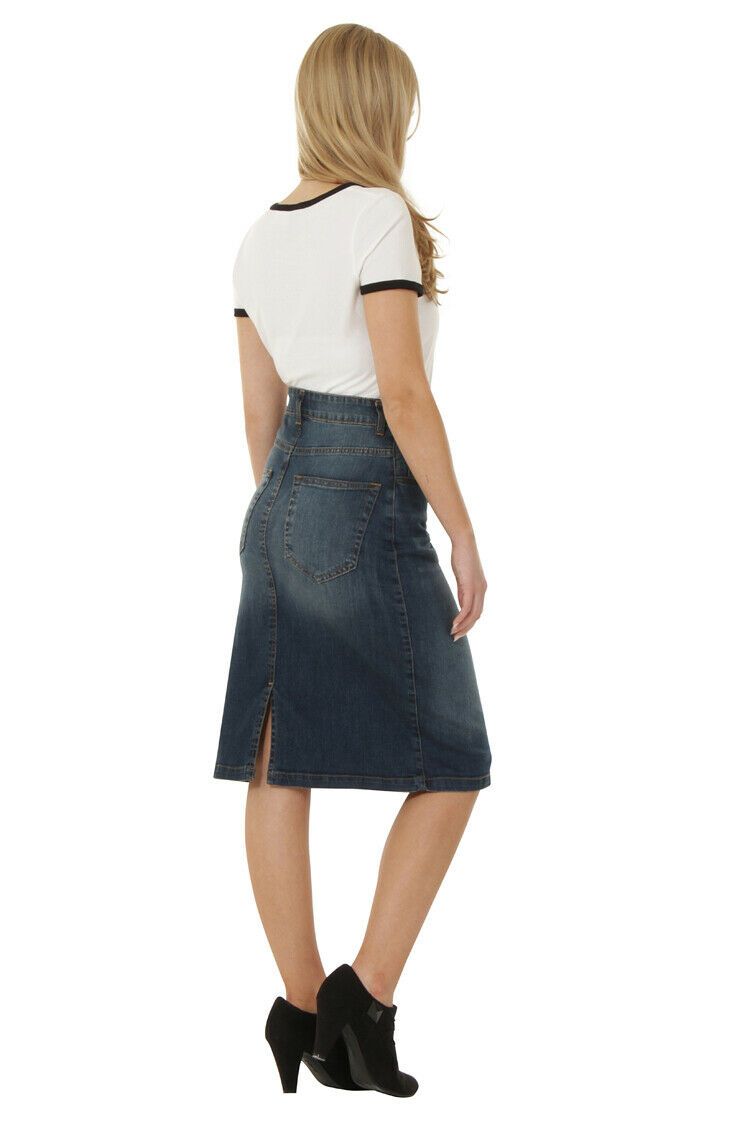 Side view of ‘Laura’ style stretchy denim skirt with back split.