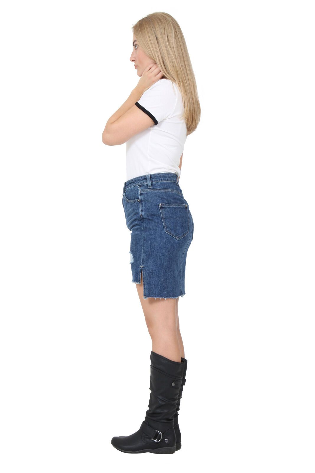 Full-length side view of ‘Chloe’ denim skirt showing belt loops and both front and rear pockets and raw hem finish.