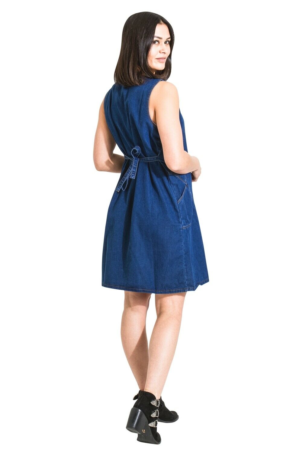 Full-length side view of Tasmin denim maternity dress.