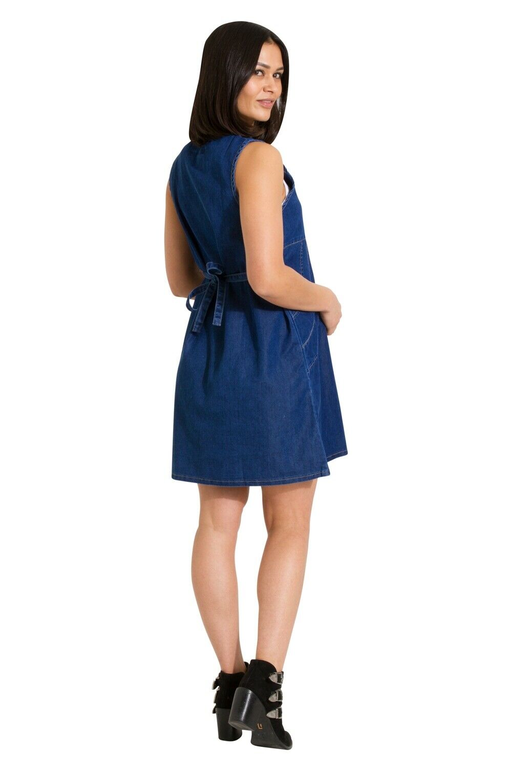 Full-length side-back view of Thelma denim maternity dress.