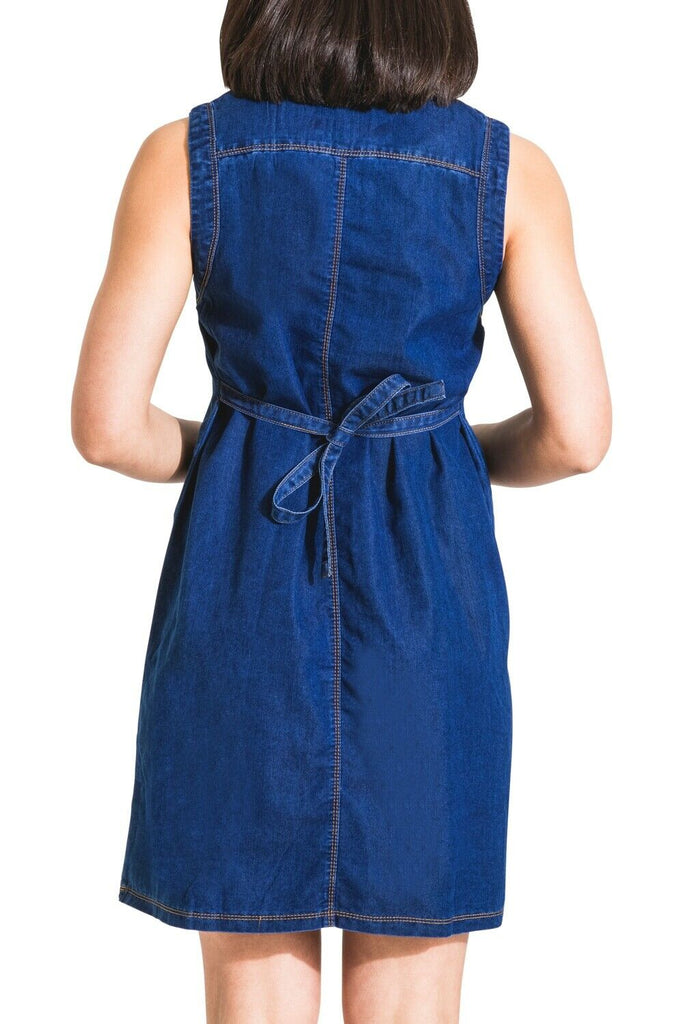 Mid view of the back of the Tina sleeveless denim maternity dress with view of adjustable back ties.
