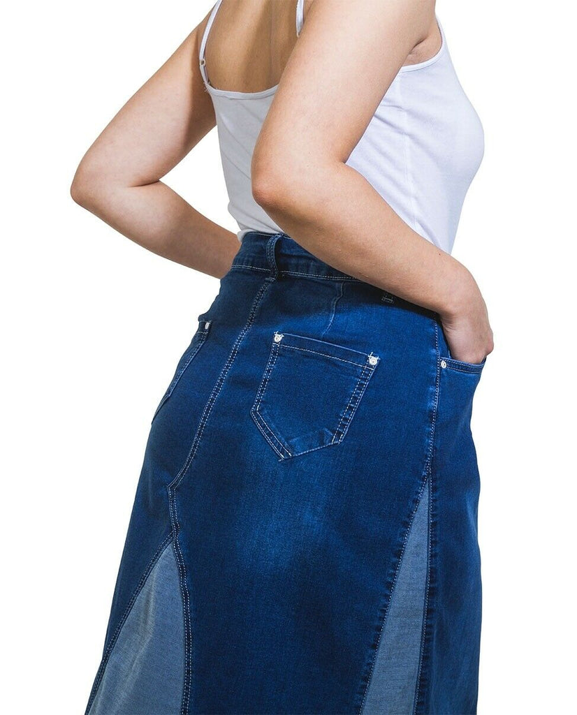 Close-up side-back shot of 2-colour denim panelled midi skirt with view of back pockets and belt loops.