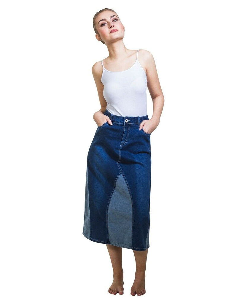Full length shot of model wearing stretch denim flared 2-colour panelled midi skirt.