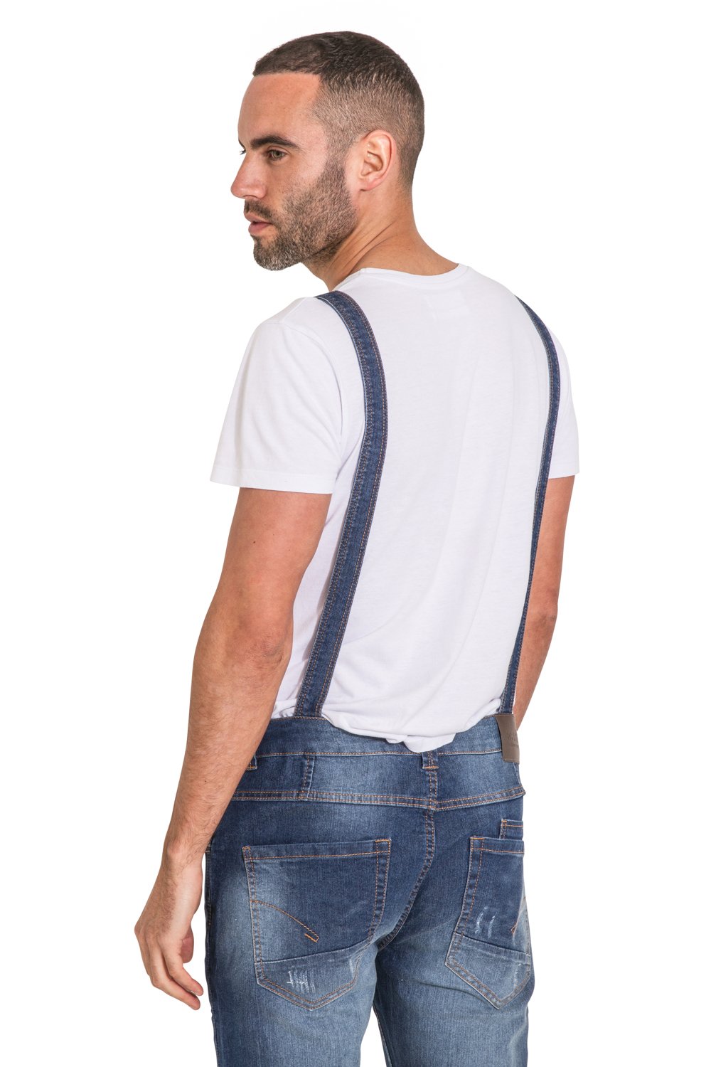 Top-half angled front-side view of super skinny blue denim Whitefield bib-overalls with clear view of belt loops, zip fly and straps.