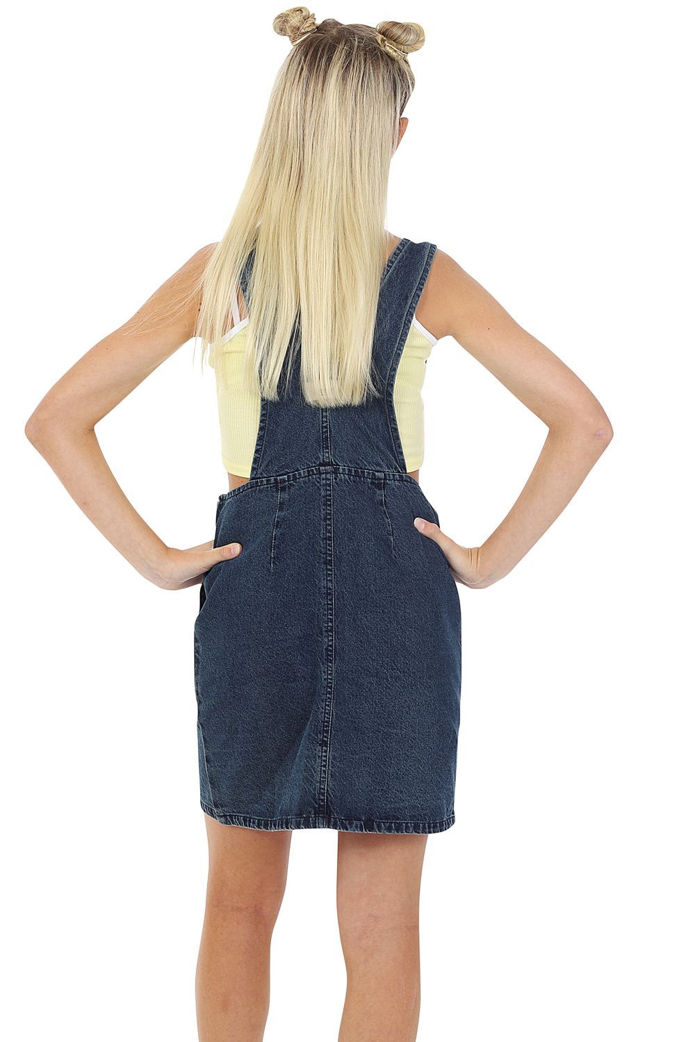 Back view of the top two-thirds of Winnie short denim dungaree dress in vintage wash, with view of back straps.