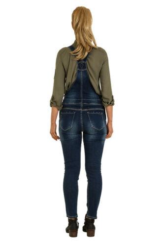 Full-length back view of womens slim fit dungarees with view of back pockets.