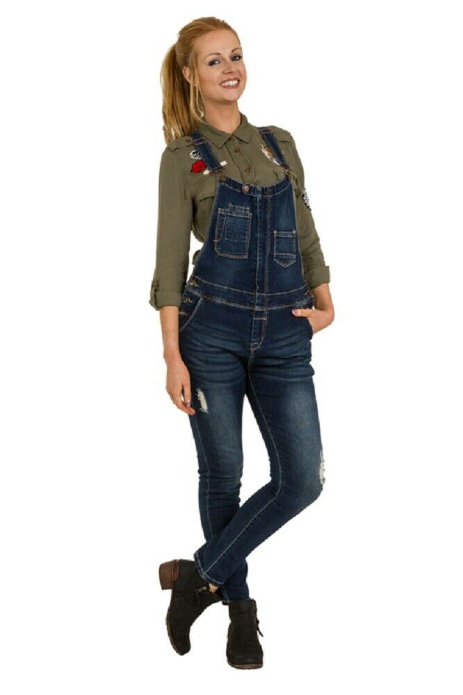 Full-length front view of ladies zip front, slim fit dungarees with clear view of multiple pockets and abrasions.
