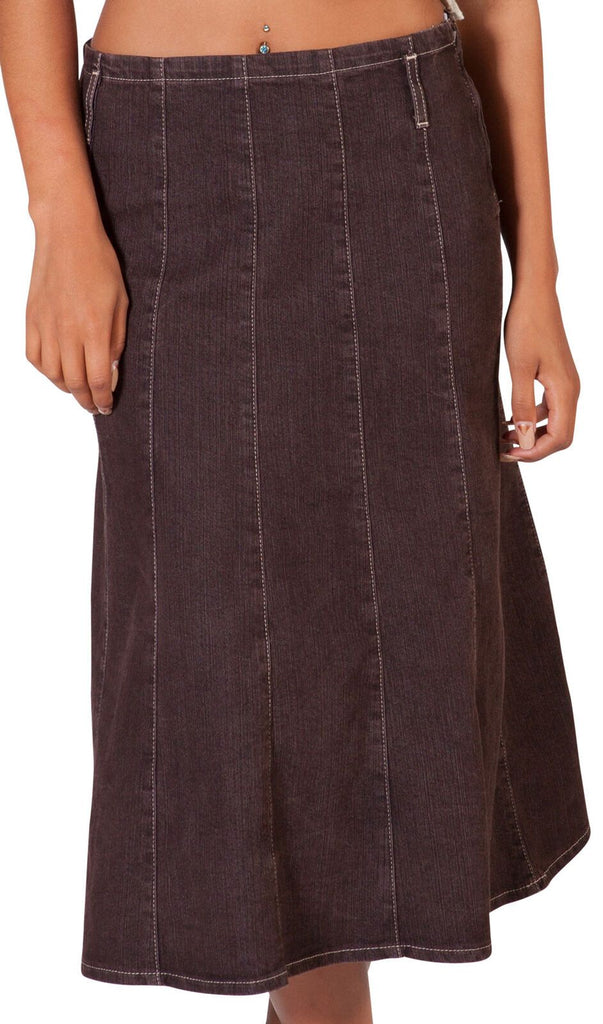 Brown panelled skirt showing stretchy denim and belt loops.